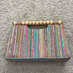 Multicolor Woven Clutch with Wooden Handle